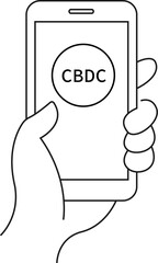 Smart phone in hand with text CBDC. Touch screen. World technology. CBDC Central Bank Digital Currency. Vector illustration