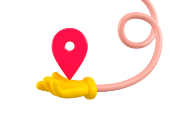 Cartoon character flexible twisted hand with place mark isolated. Close up location symbol isolated or web point, pointer concept. 3d rendering.