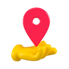 Cartoon character hand with place mark isolated. Close up location symbol isolated or web point, pointer concept. 3d rendering.