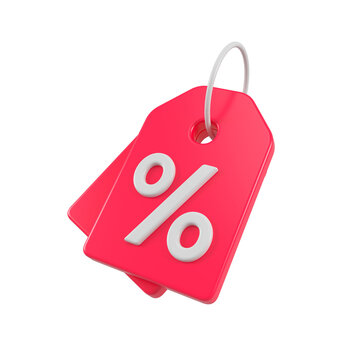 Red discount tag for sales and shopping online. Price percent emblem offer promotion isolated. 3d rendering.