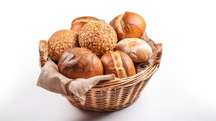 Bread and rolls in wicker basket isolated Generative AI