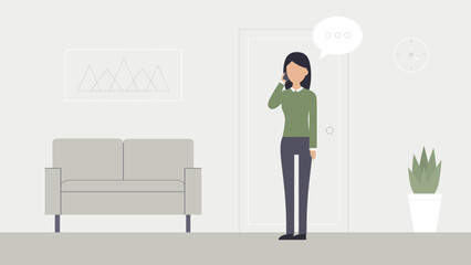 Woman talks on the phone in the office corridor. Corporate vector illustration.