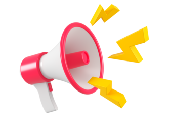 Red megaphone with lightings isolated. Close up breaking news metaphor, disclosure of information concept. 3d rendering.