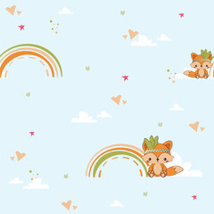 Cute fox charcter with rainbow and hearts cartoon illustration. Woodland animals characters seamless pattern. Nursery kids room wall design. Nursery room wall animals texture with blue sky and clouds