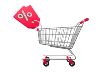 Silver shopping cart with discount red tag. The concept of a sale with a percentage emblem and promo for shopping online isolated. 3d rendering.