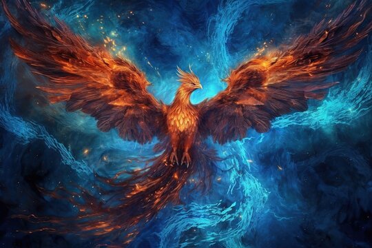 fierce black flaming phoenix in deep space with blue veins illustration generative ai