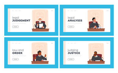 Judges In Court Landing Page Template Set. Legal Authorities Who Interpret Laws, Administer Justice, Make Decisions - obrazy, fototapety, plakaty