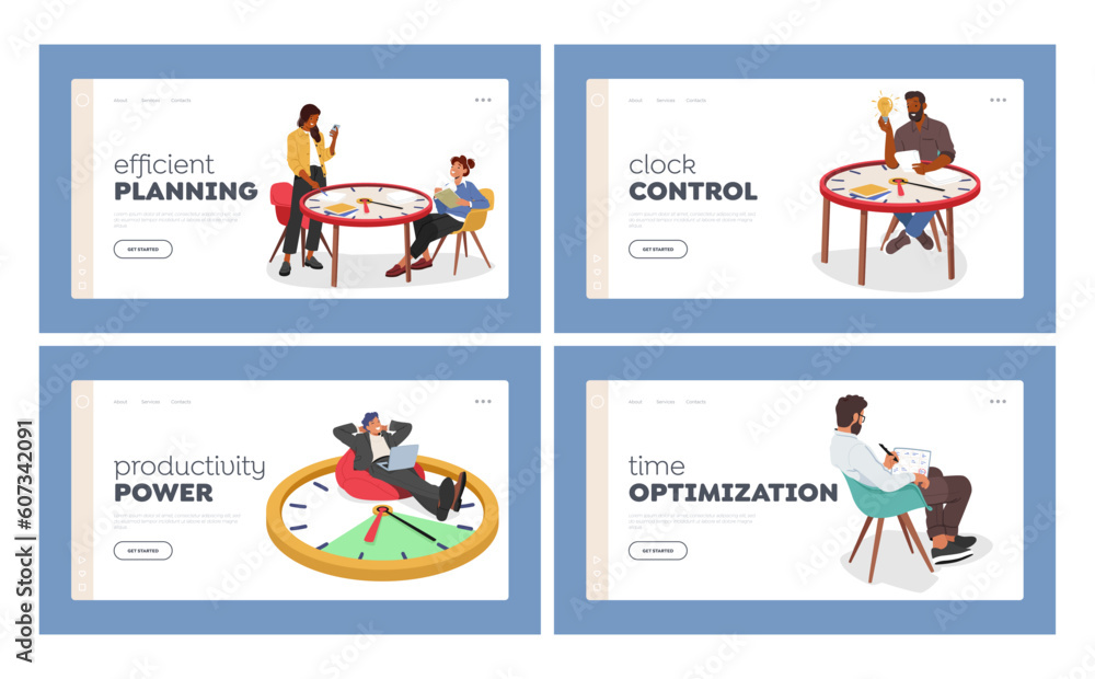 Poster time management landing page template set. business characters works at table made of huge clock vec