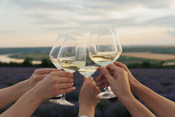 Group of friends with white wine in hands clinking with glasses. Close-up of hands and drinks.	

