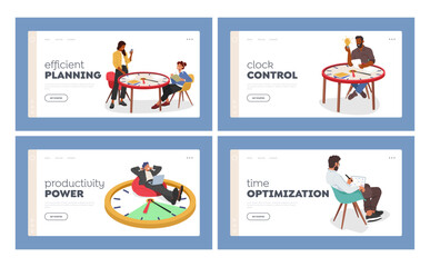 Time Management Landing Page Template Set. Business Characters Works At Table Made Of Huge Clock Vector Illustration