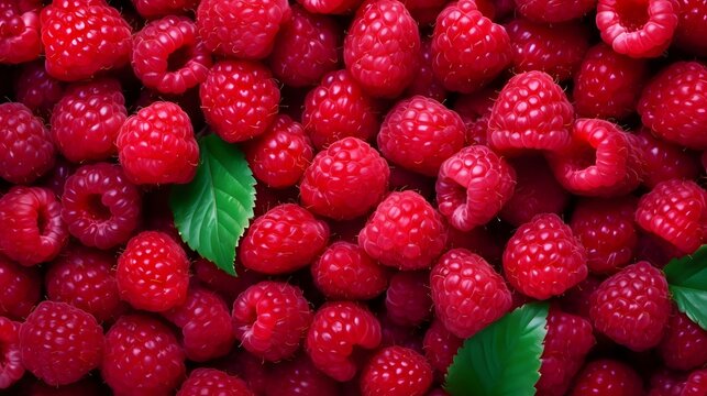 Raspberries background. Close up of fresh red raspberries background. Top view. Healthy food concept. Beautiful selection of freshly picked ripe red raspberries.