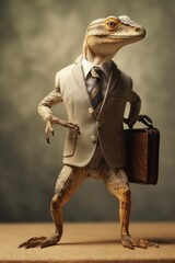 Lizard in a business suit, holding a briefcase, blending nature and professionalism.Generative AI.