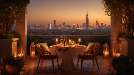 A candlelit dinner for two on a rooftop terrace, overlooking a sparkling city skyline Generative AI