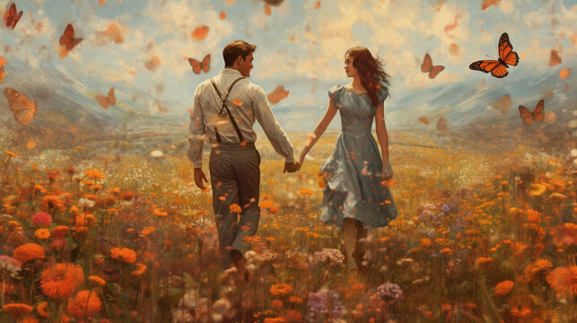 A couple strolling hand in hand through a field of blooming flowers, surrounded by butterflies Generative AI