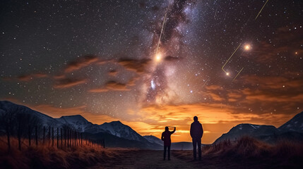 A couple holding hands and watching shooting stars in a clear night sky Generative AI