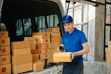 Portrait of courier delivery Asian man searching the address on digital tablet. Delivery service, delivery home and shipping concept..