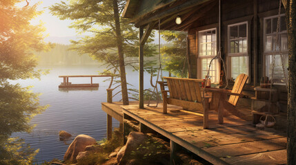 A serene lakeside cabin with a couple relaxing on a porch swing, sipping tea Generative AI