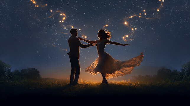 A couple dancing gracefully under a moonlit sky, with fireflies illuminating the surroundings Generative AI