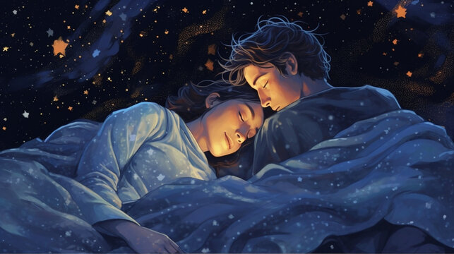 A couple lying on a soft blanket, gazing at the stars in a clear night sky filled with constellations Generative AI
