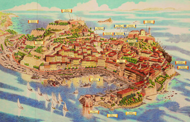 Drawn map of historic city center of Portoferraio Elba, Tuscany, Italy