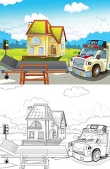 Obraz na płótnie Canvas cartoon scene in the city with doctor car happy ambulance - illustration for children