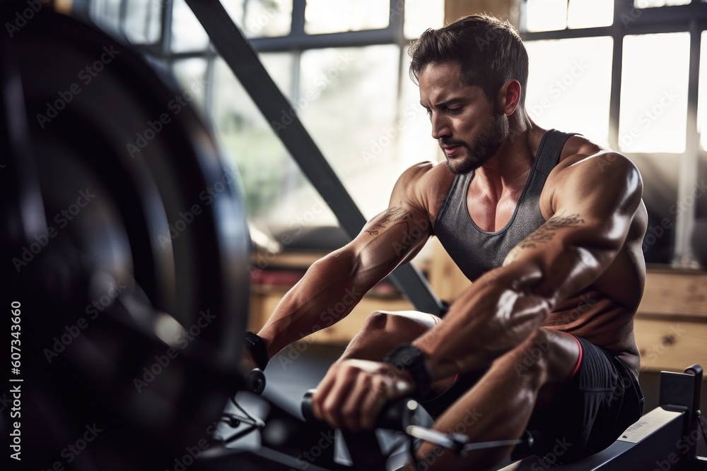 Poster a man working out on a rowing machine. ai generative image.