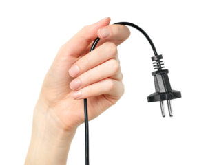 female hand holds a power cable with an electric plug on a white isolated background