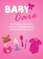 Baby care supplies - advertising poster, flat vector illustration.
