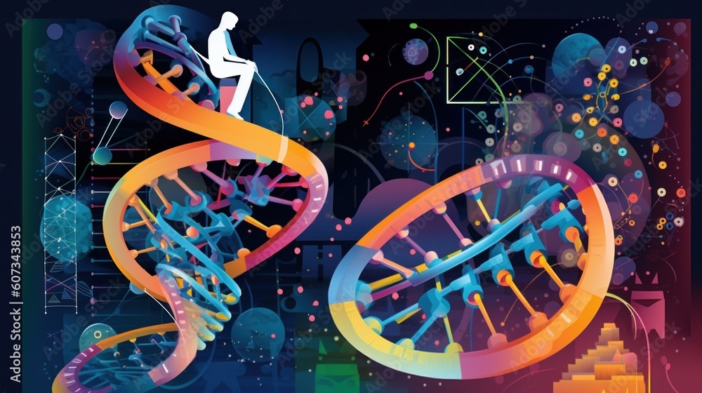 Aufkleber a man sitting on top of a table next to a double - stranded strand of dna. ai generative image.