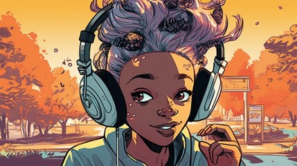 Illustration of girl wearing headphones and enjoying music. Generative ai.