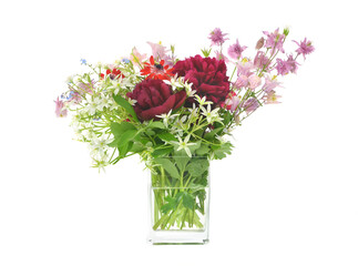 A bouquet of garden and wild flowers: peonies, umbelliferous and bells on a white background.