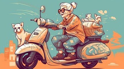 Abstract illustration of an elderly woman riding a motorcycle.Generative ai.