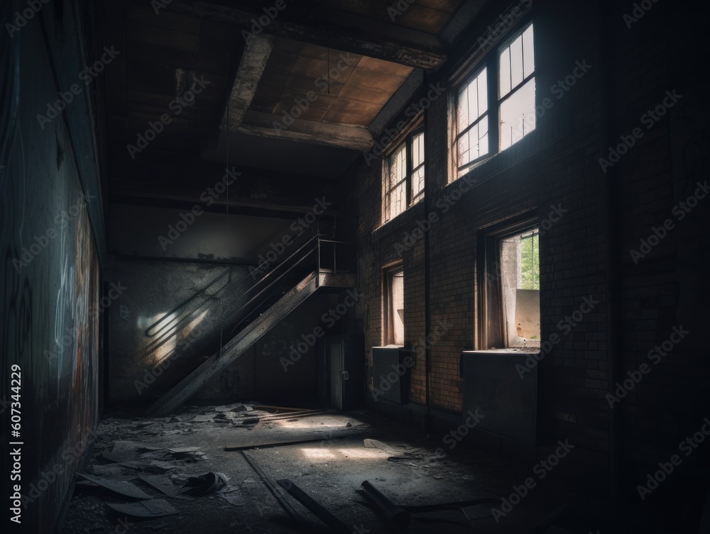 Poster a dark room with a staircase and windows. ai generative image.