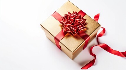 Isolated gift golden box with a red bow Generative AI