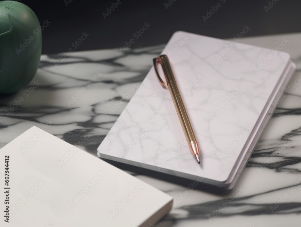 Poster a notepad and a pen on a marble table. ai generative image.