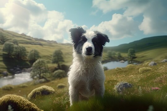 Cute puppy of border collie sitting on the grass. Summer landscape. Generative ai image