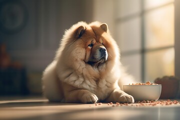 Chow Chow lies next to the bowl of food in the cozy living room of a dreamy home with sun rays coming through the window.
