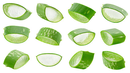 collection of twelve slices of aloe vera in different angles on a white isolated background