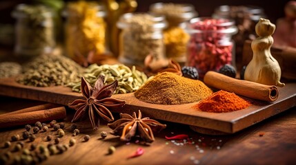 Illustration of a wooden cutting board with a variety of spices on top created with Generative AI technology