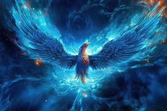 a giant blue phoenix in deep space with blue veins illustration generative ai