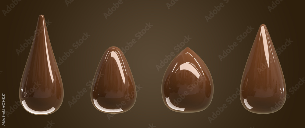 Poster chocolate drops with liquid dripping texture 3d render icons set. realistic mockup of droplets of br