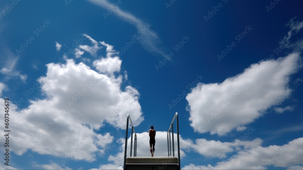 Poster a person standing on a ramp in front of a cloudy blue sky. ai generative image.