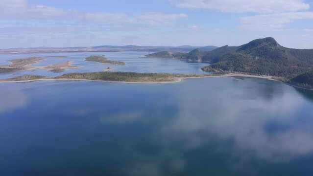 Aerial drone footage of Ulken Shabakty - Lake Great Chebachye Lake in Natonal park Burabay Borovoe , Kazakhstan
