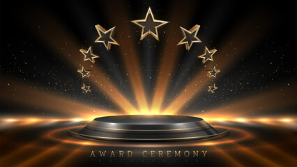 Black empty podium on dark background and 3d gold star elements with light ray effects decoration and bokeh. Luxury award ceremony design concept. Vector illustration.