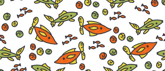 Seamless abstract children pattern. Orange, green, yellow, grey colors. White background. Fishes. Design for textile fabrics, wrapping paper, background, wallpaper, cover.