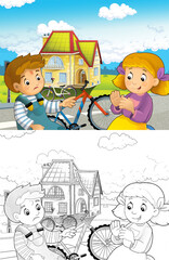 Obraz na płótnie Canvas cartoon scene with boy and girl on bicycle ride having accident - illustration for children