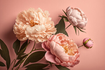 peony flowers on pink background with copy space