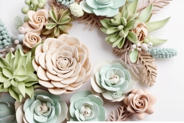 succulent plants top view border on white background