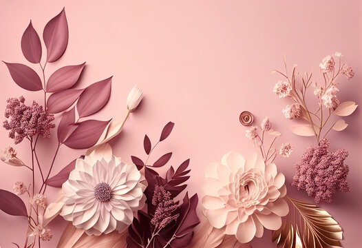paper сut flowers on a pink background warm color palette composition