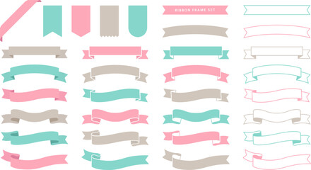 色んなシンプルリボンのフレームセット_3カラー_ベクターイラスト